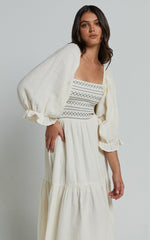 Bellenie Midi Dress - 3/4 Puff Sleeve Square Neck Smock Bodice Tiered Dress in Natural