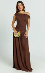 Yvonne Maxi Dress - Pleat Skirt Tip Shoulder Ruched Dress in Chocolate