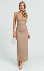 Benita Midi Dress - Scoop Neck Ruched Fitted Dress in Mocha