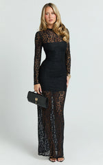 Andrea Maxi Dress - Lace High Neck Long Sleeve Dress in Black