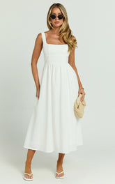 Khari Midi Dress - Linen Look Square A Line Dress in White