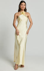 Keithy Midi Dress - Rosette Halter Neck Slip Dress in Lemon