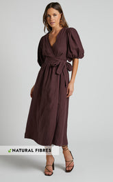 Amalie The Label - Franc Linen Puff Sleeve Wrap Midi Linen Dress in Dark Plum