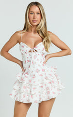Justine Mini Dress - Strappy Tie Front Corset Waist Ruffle Hem Dress in Romantic Ditsy Print