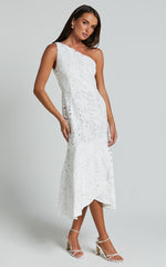 Beth Midi Dress - One Shoulder Ruffle Hem Lace Dress in White