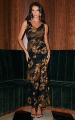 Dara Midi Dress - Low Neck Sleeveless Slip Dress in Amber Floral Print