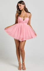 Gwen Mini Dress - Sweetheart Neck Cross Tie Back Shift Dress in Pink