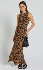 Francis Midi Dress - High Neck Slip Dress in Brown Floral