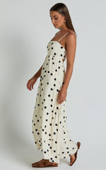 Miriam Midi Linen Dress - Strappy Straight Neck A Line Dress in Beige & Black Spot