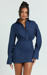 Elliot Mini Dress - Long Sleeve Pinstripe Shirt Dress in Navy Stripe