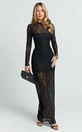 Andrea Maxi Dress - Lace High Neck Long Sleeve Dress in Black