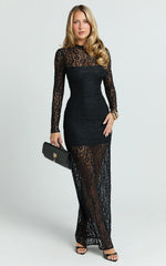 Andrea Maxi Dress - Lace High Neck Long Sleeve Dress in Black