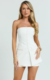 Monroe Two Piece Set - Strapless Button Down Longline Vest Top and High Waisted Mini Skirt in Cream