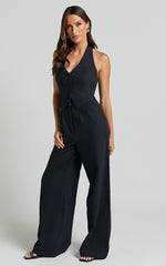 Linette Jumpsuit - Halter Neck Button Through Vest Tailored Wide Leg Jumpsuit in Black