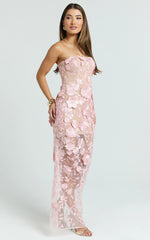 Sienna Maxi Dress - 3D Floral Strapless Column Dress in Pink