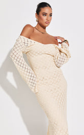 Halsey Maxi Dress - Crochet Scoop Neck Flare Sleeve Dress in Off White