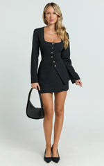 Evie Two Piece Set - Long Sleeve Button Down Tailored Top and Mini Skirt Set in Black