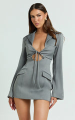 Jamaica Mini Dress - Cut Out Ruched Tie Front Fitted Blazer Dress in Grey
