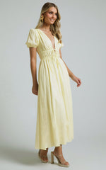 Portofino Midi Dress - V Neck Puff Sleeve Dress in Yellow