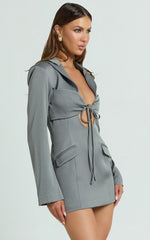 Jamaica Mini Dress - Cut Out Ruched Tie Front Fitted Blazer Dress in Grey