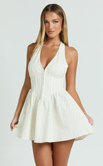 Raina Mini Dress - Halterneck Corset Waist Gathered Skirt Dress in Cream