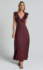 Amalie The Label - Penelope Linen Flutter Sleeve Low Back Maxi Linen Dress in Wine