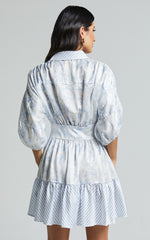 Amabella Mini Dress - 3/4 Sleeve Collared Button Up Dress in Blue
