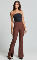 Volta Pants - Front High Waisted Split Boot Leg Kick Out Pants in Chocolate
