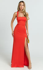 Lainie Maxi Dress - Straight Neck Thigh Split Cross Back in Orange