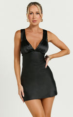 Michie Mini Dress - Wide Strap Ruched Bust Satin Dress in Black