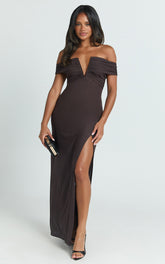 Alessia Maxi Dress - Off Shoulder Ruched Bodycon Dress in Chocolate