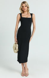 Stella Midi Dress - Square Neck Cap Sleeve Fitted Dress in Black
