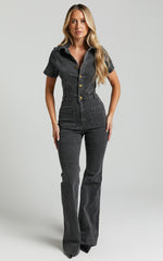 Silvena Jumpsuit - Short Sleeve Flared Denim Jumpsuit in Black Wash