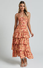 Amalie The Label - Adela Linen Look Blend Tiered Midi Dress in Valencia Print