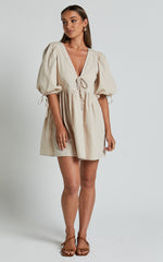 Rosita Mini Dress - Tie Front Puff Sleeve Dress in Stone