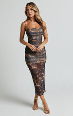 Ashlyn Midi Dress - Ruched Mesh Strapless Dress in Brown