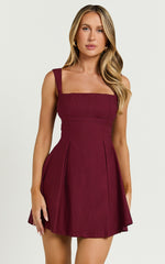 Ida Mini Dress - Wide Strap Straight Neck Bow Back Dress in Berry