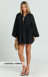 Suzette Mini Dress - High Neck Tie Front Long Sleeve Pleat Front Babydoll Dress in Black