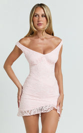 Judai Mini Dress - Lace Off Shoulder A Line Dress in Pink