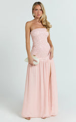Georgina Maxi Dress - Sequin Strapless Front Split Dress in Pink