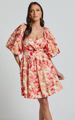 Amalie The Label - Penelopia Linen Look Blend Puff Sleeve Twist Bodice Mini Dress in Sienna Print