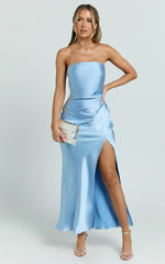 Glenda Midi Dress - Satin Strapless Side Split Dress in Blue