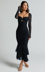 Arabella Midi Dress - Bust Detail Ruched Mesh Midi with Cut Out Detail in Black