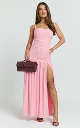 Cardi Maxi Dress - Ruched Mesh High Leg Split Dress in Pink
