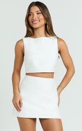 Sia Two Piece Set - Tie Back Boat Neck Crop Top and Mini Skirt Set in White
