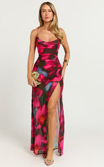 Talia Maxi Dress - Cowl Neck Low Back Dress in Hyper Tropical Print