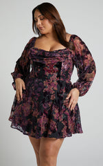 Jessell Mini Dress - Long Sleeve Cowl Corset Dress in Burnt Out Floral
