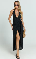 Robbie Midi Dress - Plunge Halter Midi Wrap Dress in Black