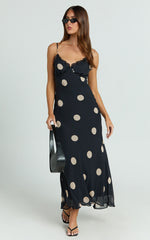 Analy Midi Dress - V Neck Mesh Dress in Black Polkadot