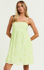 Claya Mini Dress - Sleeveless Straight Neckline Floral Detail Dress in Lime